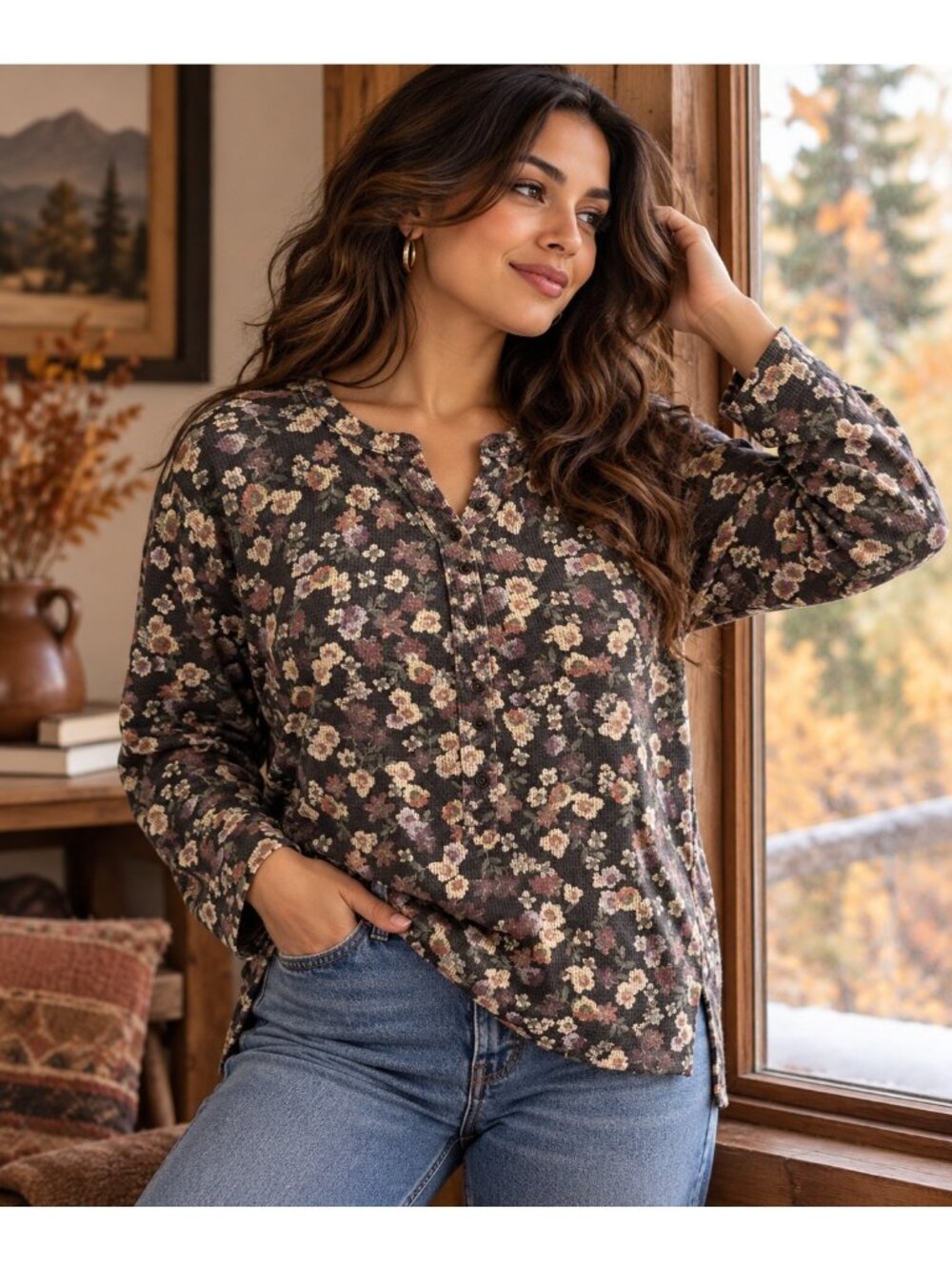 Lucky Brand Floral Henley Top Small Oversized Cottagecore Boho Long Sleeve